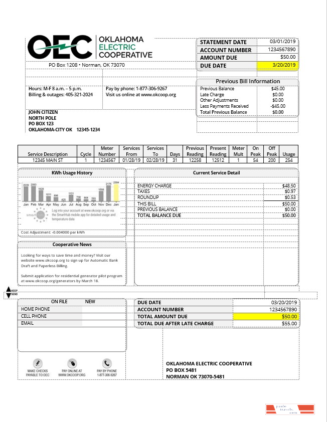 USA OEC electricity utility bill template in Word and PDF format